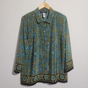 Sag Harbor Button Up Blouse Olive Green Blue Paisley Border Print Padded Shoulde